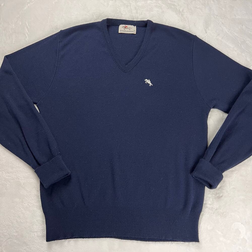 Steeplechase vintage V-neck Acrylic sweater men's size Large Navy Blue